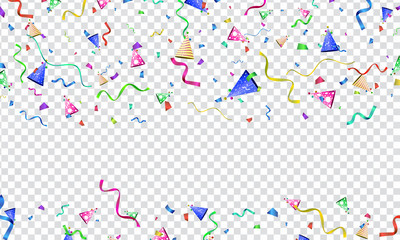 Colorful vector serpentine, confetti and party hat on transparent background. Transparency grid imitation