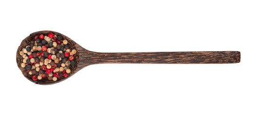 Mixed of peppers hot, red, black, white in wood spoon isolated on white background. Top view