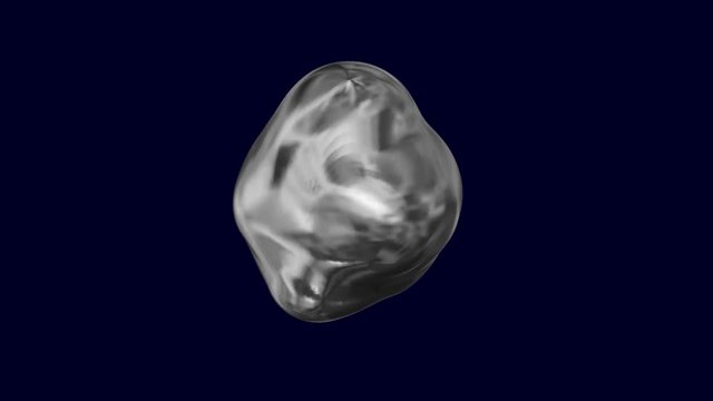 Floating liquid metal fusing together . Mercury droplets . 3d animation  Solid dark blue background for color keying. Black and white alpha included 