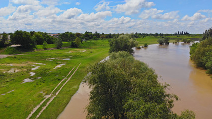 Flooded road to rain heavy flooding taken during a drone flight.