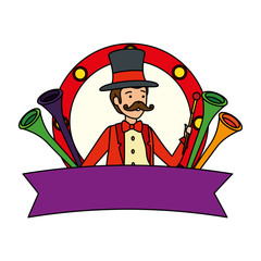 circus magician with hat and trumpets in frame
