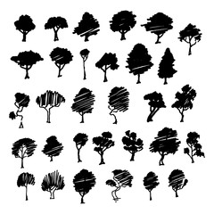 Trees sketch set, cartoon vintage illustration, ink draw engraved style, hand drawn isolates