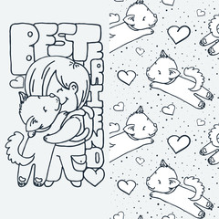 Set of cute cartoon animal and seamless pattern. Vector clip art illustration for children design, cards, prints, coloring books