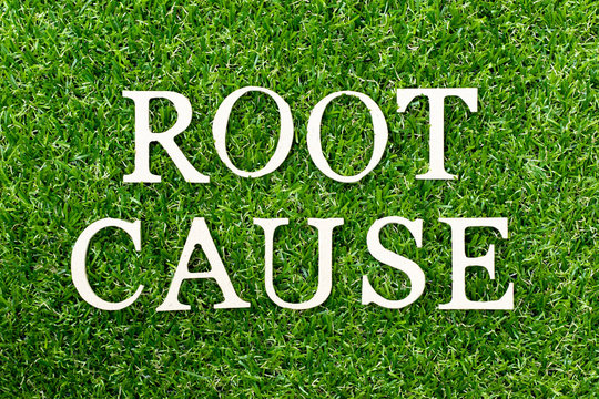 Wood alphabet letter in word root cause on green grass background