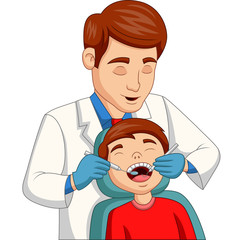 Cartoon little boy having his teeth checked by dentist