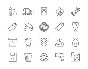 Set of Garbage Line Icons. Waste Factory, Trash Truck, Container and more.