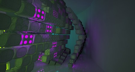 Abstract white Drawing Futuristic Sci-Fi interior With Colored Glowing Neon Tubes . 3D illustration and rendering.