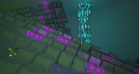 Abstract white Drawing Futuristic Sci-Fi interior With Colored Glowing Neon Tubes . 3D illustration and rendering.
