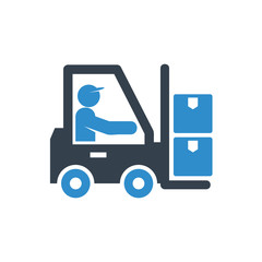 man driving forklift truck icon on white background