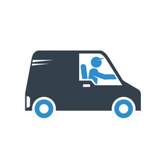 van and driver icon on white background