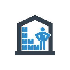 worker and warehouse icon on white background