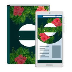 text book and smartphone with tropical flowers print
