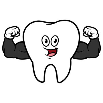 Cartoon Flexing Muscular Tooth Character