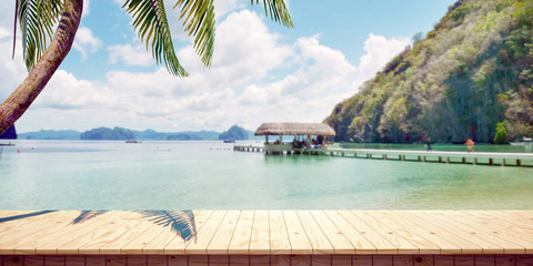 Colorful wooden platform background: seaside / beach.  ( 3D rendering computer digitally generated illustration.)