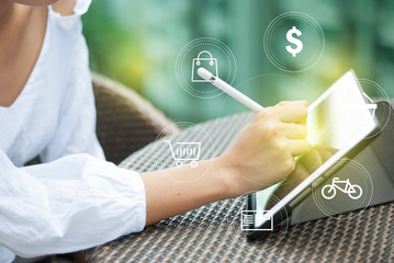 Using modern interface payments online shopping and customer network connection on virtual screen. 