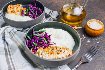Buddha bowl dish with chicken fillet. Detox and healthy keto diet bowl concept.