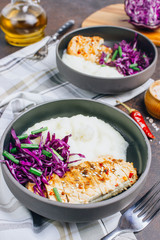Buddha bowl dish with chicken fillet. Detox and healthy keto diet bowl concept.