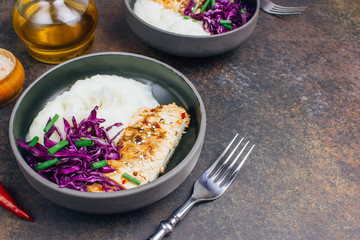 Buddha bowl dish with chicken fillet. Detox and healthy keto diet bowl concept.