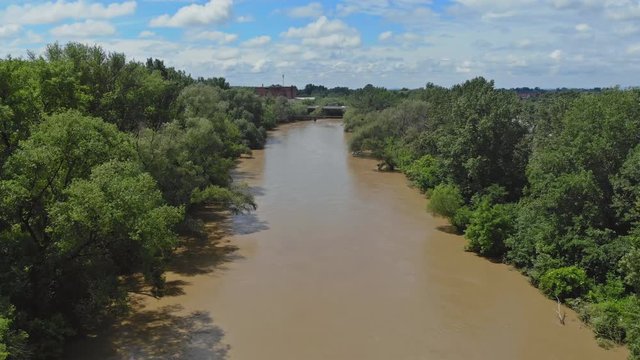 Aerial view flooded forest plains with country road Ukraine