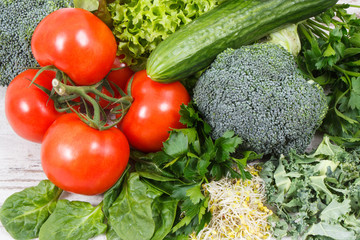 Fresh ripe natural vegetables and sprouts. Nutritious food containing minerals and vitamins