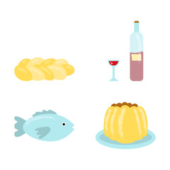 Bread, pound cake, wine, fish vector illustration on white.