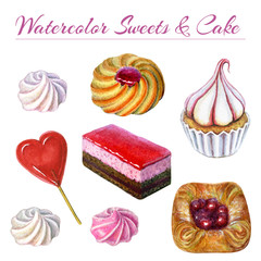 bakery goods and sweets set. Watercolor illustration of sweet and delicious cakes and sweets. Watercolor chocolate cake, cupcake, berries bun, cookie, lollipop and meringues. Delicious food