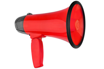 Red megaphone on white background isolated close-up, hand loudspeaker design, red loudhailer or speaking trumpet illustration, announcement or agitation symbol, media or communication icon, alert sign