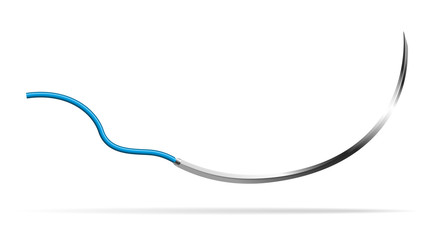 Surgical cutting needle with a trihedral cross-sectional shape with a curvature of 3 8 of a circle, atraumatic with attached suture material. Used for stitching tight fabrics and leather. Vector
