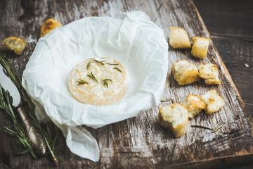 Baked camembert cheese with toasts and rosemary herbs on the rustc background. Selective focus. Shallow depth of field.