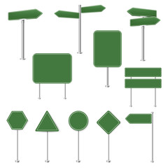 Big Set Green Stop Signs And Traffic Sign Collection White Background