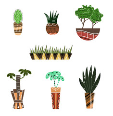 House plants and flowers in pots. Flat style vector illustration.