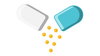 Beautiful medical blue and white two-color tablet capsule with medicines powder for the treatment of diseases pharmaceutical on a white background. Vector illustration