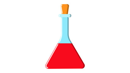Beautiful medical red triangular glass chemical flask test tube with liquid for research studies conducting experiments and making medicines on a white background. Vector illustration
