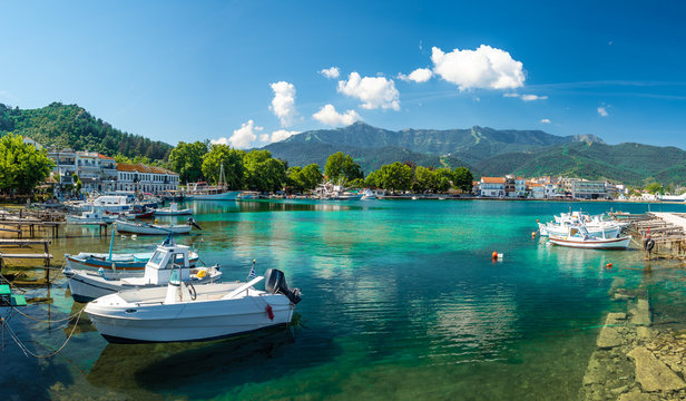 Panoramic View on Limenas Thasou, capital and main port of Thassos island,  Greece