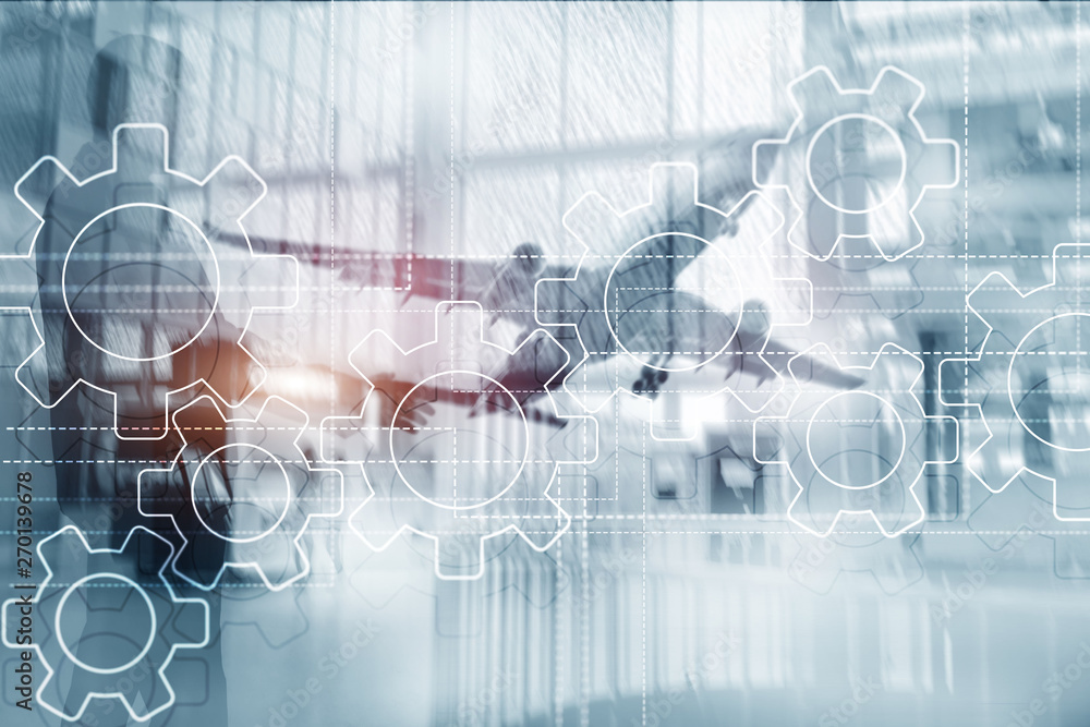 Poster gears mechanism, digital transformation, data integration and digital technology concept