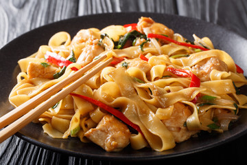 Pad Kee Mao is a traditional Thai dish with chicken, wide rice noodles and plenty of fresh basil in a spicy, sweet and tangy rich sauce  close-up. horizontal - obrazy, fototapety, plakaty