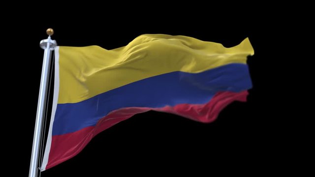 4k seamless Colombia flag with flagpole waving in wind.A fully digital rendering;The animation loops at 20 seconds.flag 3D animation with alpha channel included.