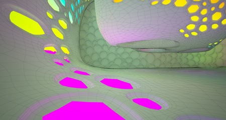 Abstract white Drawing Futuristic Sci-Fi interior With Colored Glowing Neon Tubes . 3D illustration and rendering.