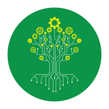 Technology tree stylized as an electronic circuit and yellow cog on green circle,Flower made of gear wheels. A vector illustration