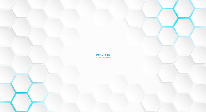 Abstract. Hexagon white background , blue light and shadow. Vector.