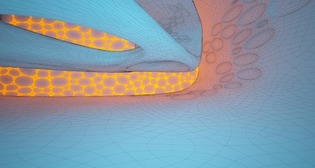 Obraz premium Abstract white Drawing Futuristic Sci-Fi interior With Orange And Blue Glowing Neon Tubes . 3D illustration and rendering.