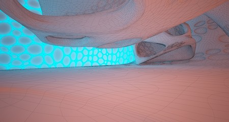 Abstract  white Drawing Futuristic Sci-Fi interior With Orange And Blue Glowing Neon Tubes . 3D illustration and rendering.