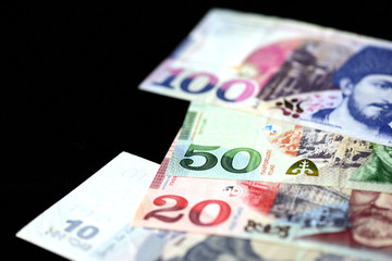 Georgian lari banknotes on a dark background close up
