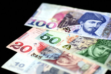 Georgian lari banknotes on a dark background close up