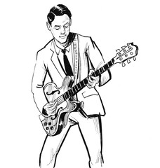 Young rock musician playing a retro electric guitar. Ink black and white drawing