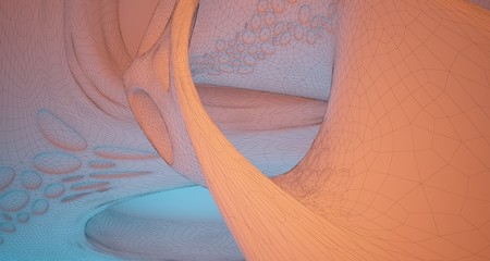 Abstract  white Drawing Futuristic Sci-Fi interior With Orange And Blue Glowing Neon Tubes . 3D illustration and rendering.