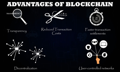 5  ADVANTAGES OF BLOCKCHAIN TECHNOLOGY . vector illustration 
