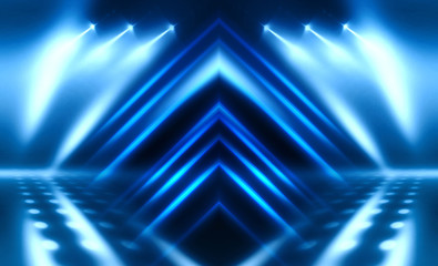 Background of empty stage show. Neon light and laser show. Laser futuristic shapes on a dark background. Abstract dark background with neon glow