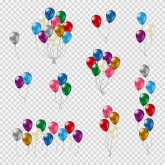 Bunches and groups of colorful helium balloons with glossy smooth surface isolated on transparent background.