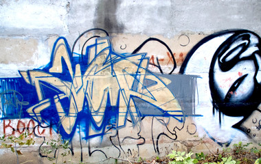 The wall decorated with graffiti